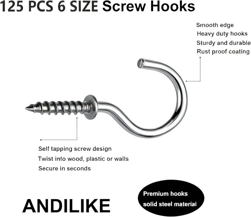 ANDILIKE 125 PCS 6 Sizes Screw in Hooks,Silver Screw Cup Hooks for Hanging Plants,Decorations,kitchenware and DIY Crafts,(1/2",5/8",3/4",5/8“,7/8”,1”,1-1/4“) - Image 4